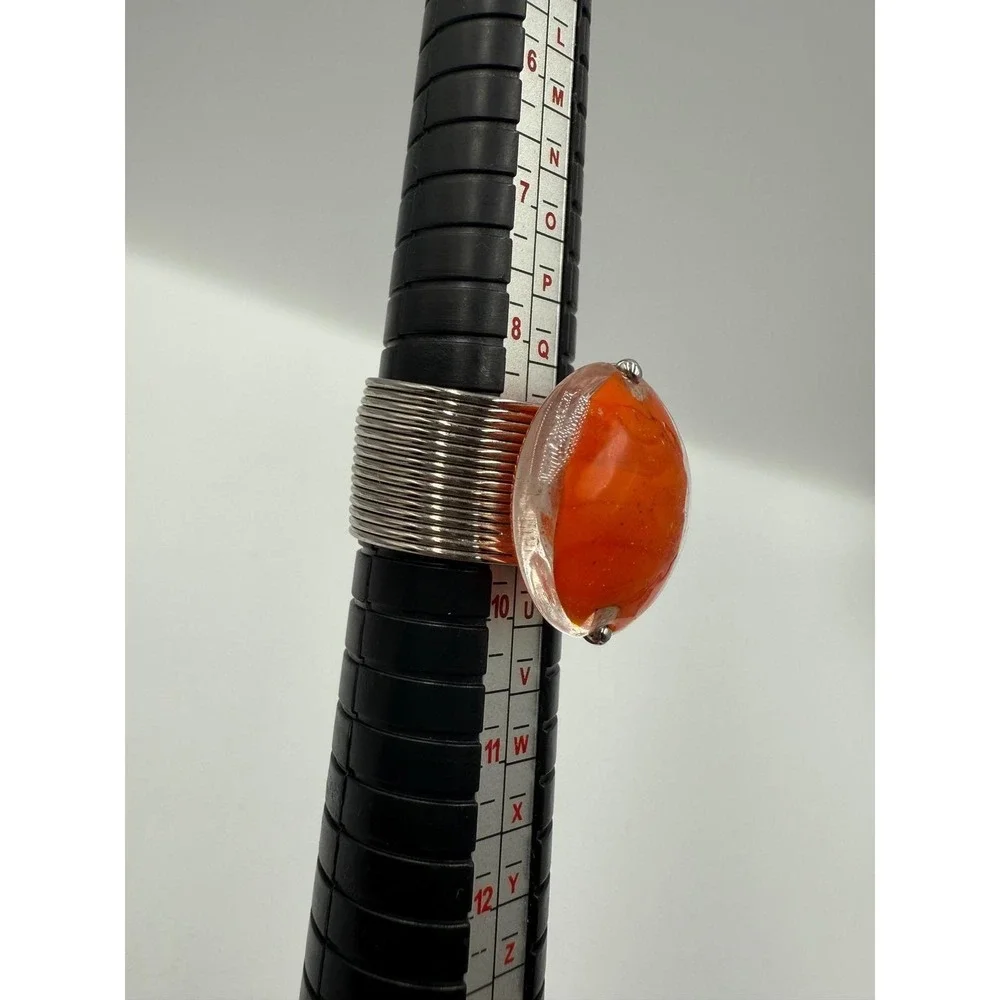 Orange Glass Cabochon Statement Ring Silver Tone‎ Coiled Wire Band Size 9.5